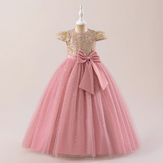 Sequin Bowknot Maxi Dress for Girls – Sparkly Party & Flower Girl Gown