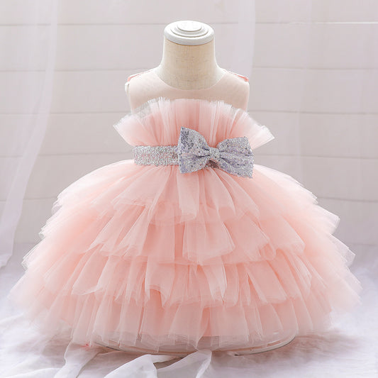 Sequin Bow Puffy Tulle Ball Gown Dress for Girls | Off Shoulder Kids Birthday Dress