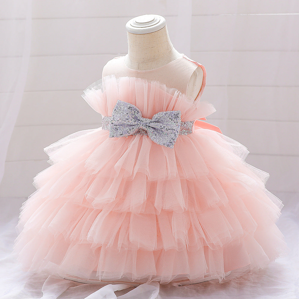 Sequin Bow Puffy Tulle Ball Gown Dress for Girls | Off Shoulder Kids Birthday Dress