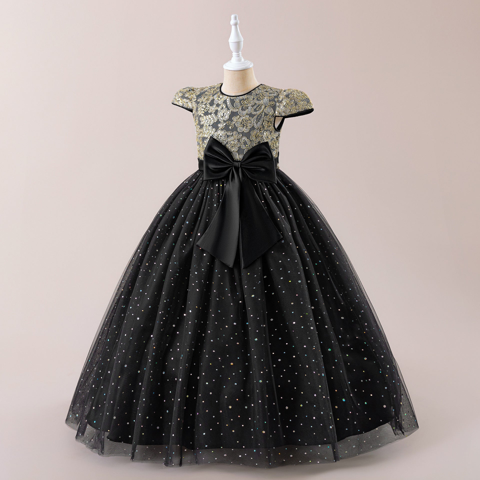 Sequin Lace Puff Sleeve Maxi Flower Girl Dress for Parties & Weddings
