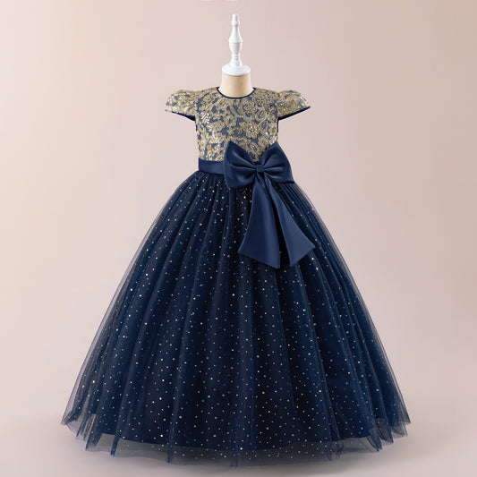 Sequin Lace Puff Sleeve Maxi Flower Girl Dress for Parties & Weddings