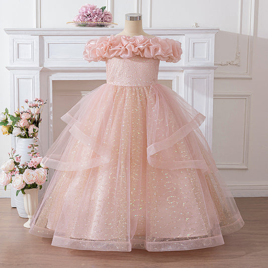 Light Pink Sequin Maxi Dress for Girls – Off Shoulder A-Line Party Gown
