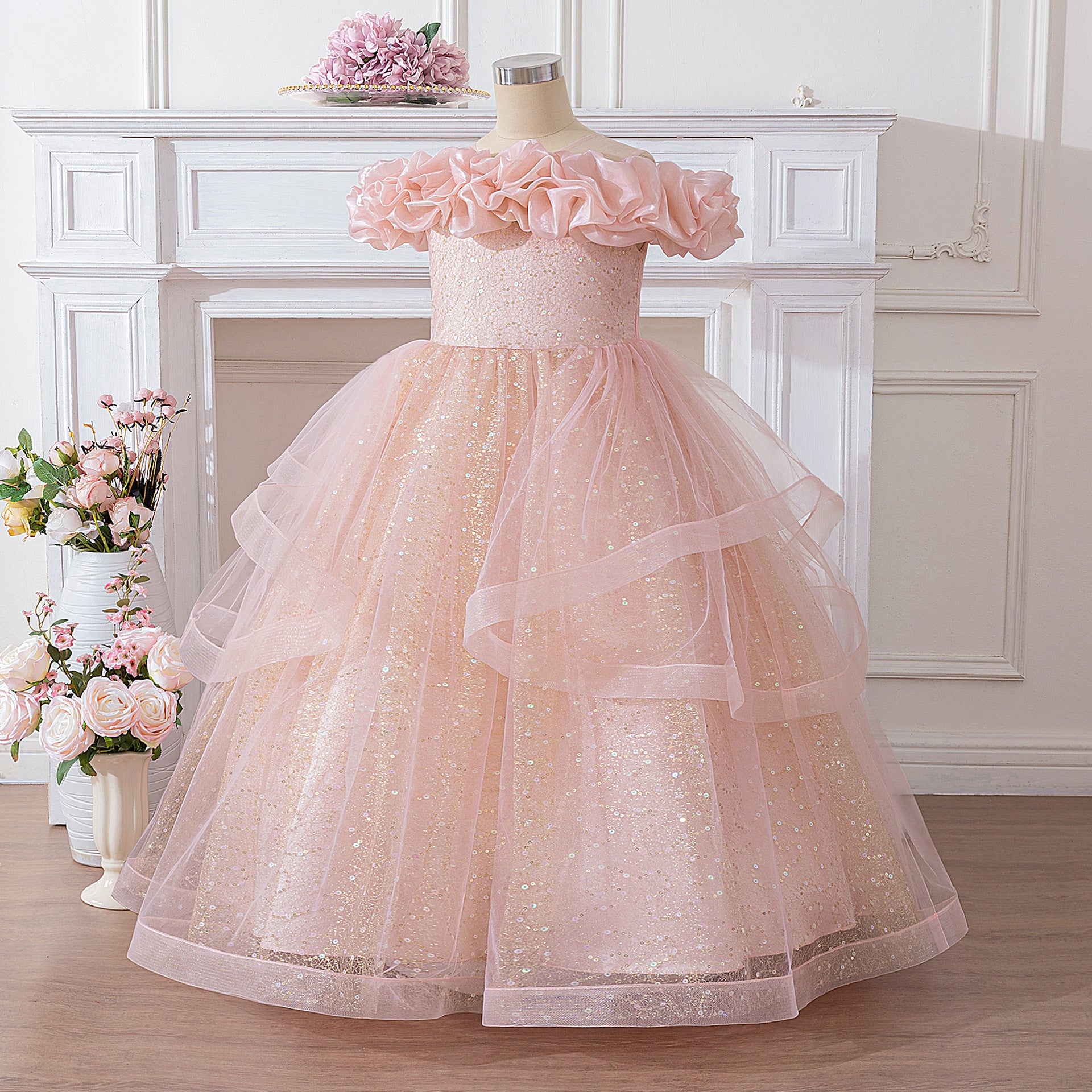 Light Pink Sequin Maxi Dress for Girls – Off Shoulder A-Line Party Gown