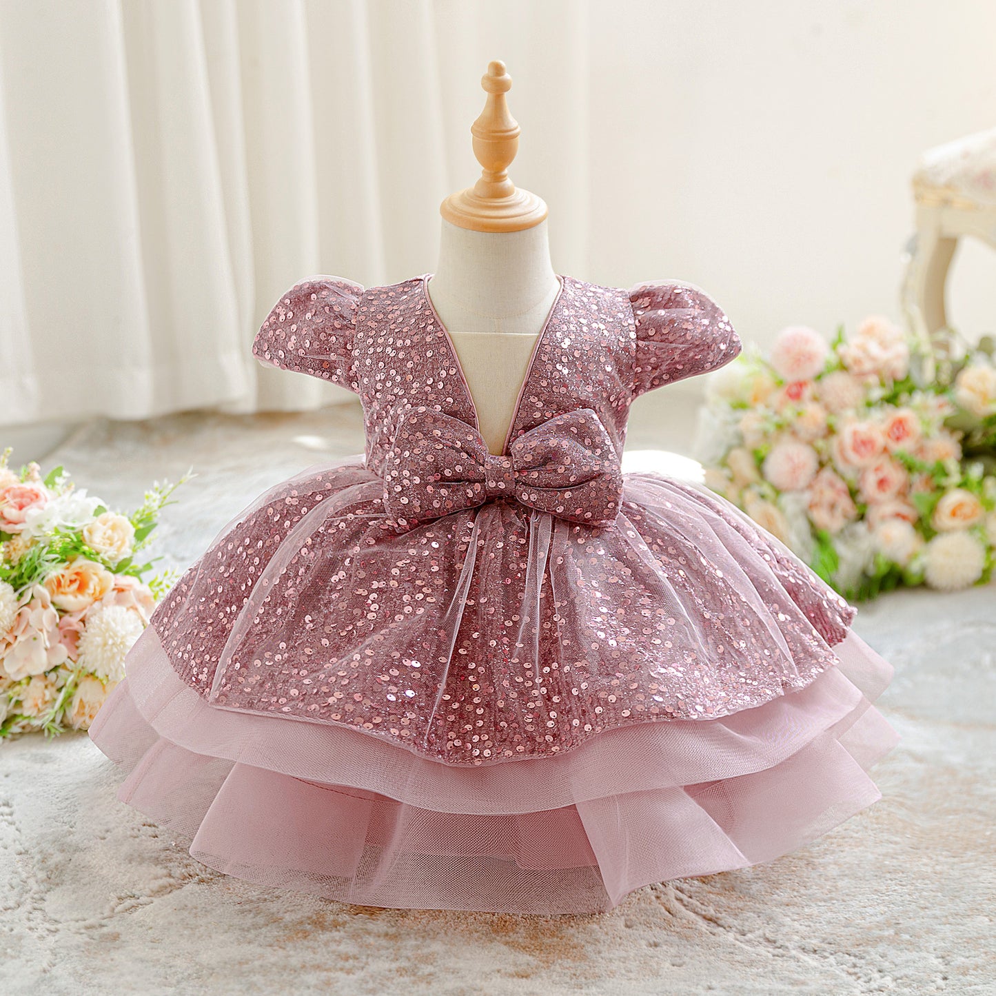 Pink Sequin Puffy Ball Gown Flower Girl Dress with Bow – For Toddler & Little Girls