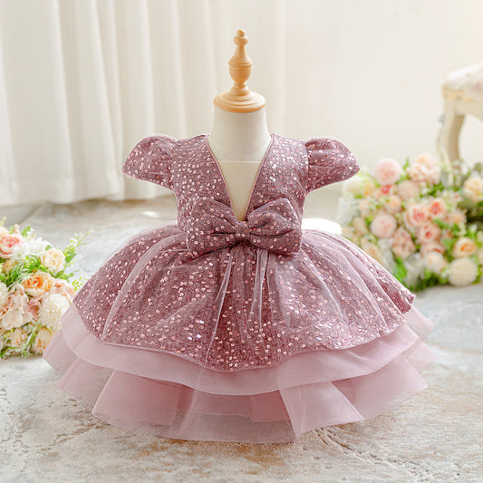 Pink Sequin Puffy Ball Gown Flower Girl Dress with Bow – For Toddler & Little Girls