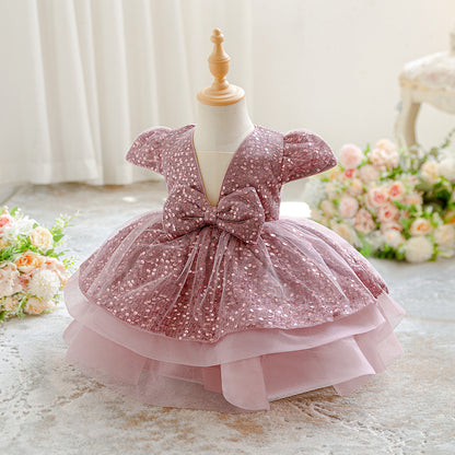 Frocklet Pink Sequin Puffy Ball Gown Flower Girl Dress with Bow – For Toddler & Little Girls 2