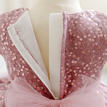 Frocklet Pink Sequin Puffy Ball Gown Flower Girl Dress with Bow – For Toddler & Little Girls 4