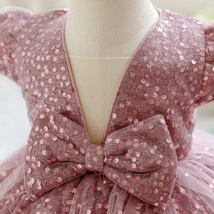 Frocklet Pink Sequin Puffy Ball Gown Flower Girl Dress with Bow – For Toddler & Little Girls 5