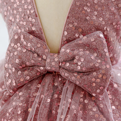 Frocklet Pink Sequin Puffy Ball Gown Flower Girl Dress with Bow – For Toddler & Little Girls 6