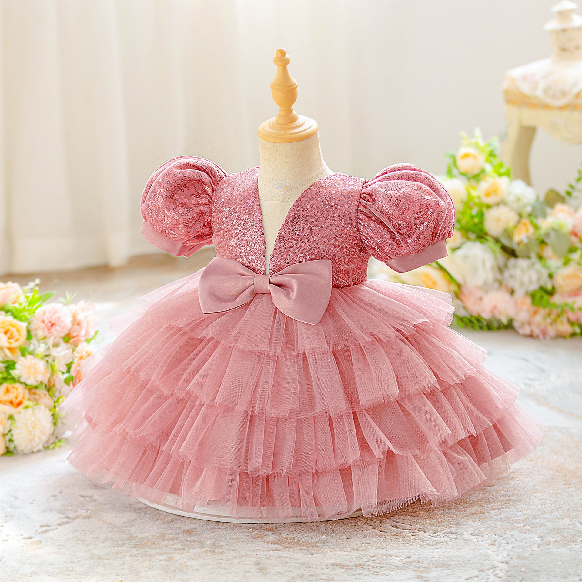 Sequin Princess Ball Gown for Girls – Puffy Sleeve Fairy Dress for Parties & Weddings