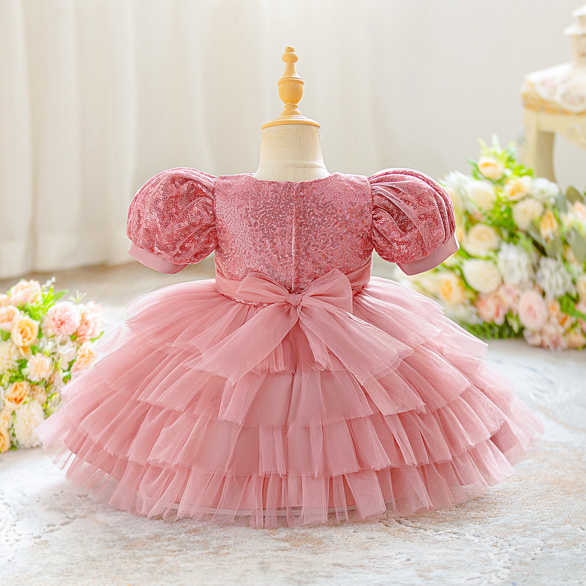Sequin Princess Ball Gown for Girls – Puffy Sleeve Fairy Dress for Parties & Weddings