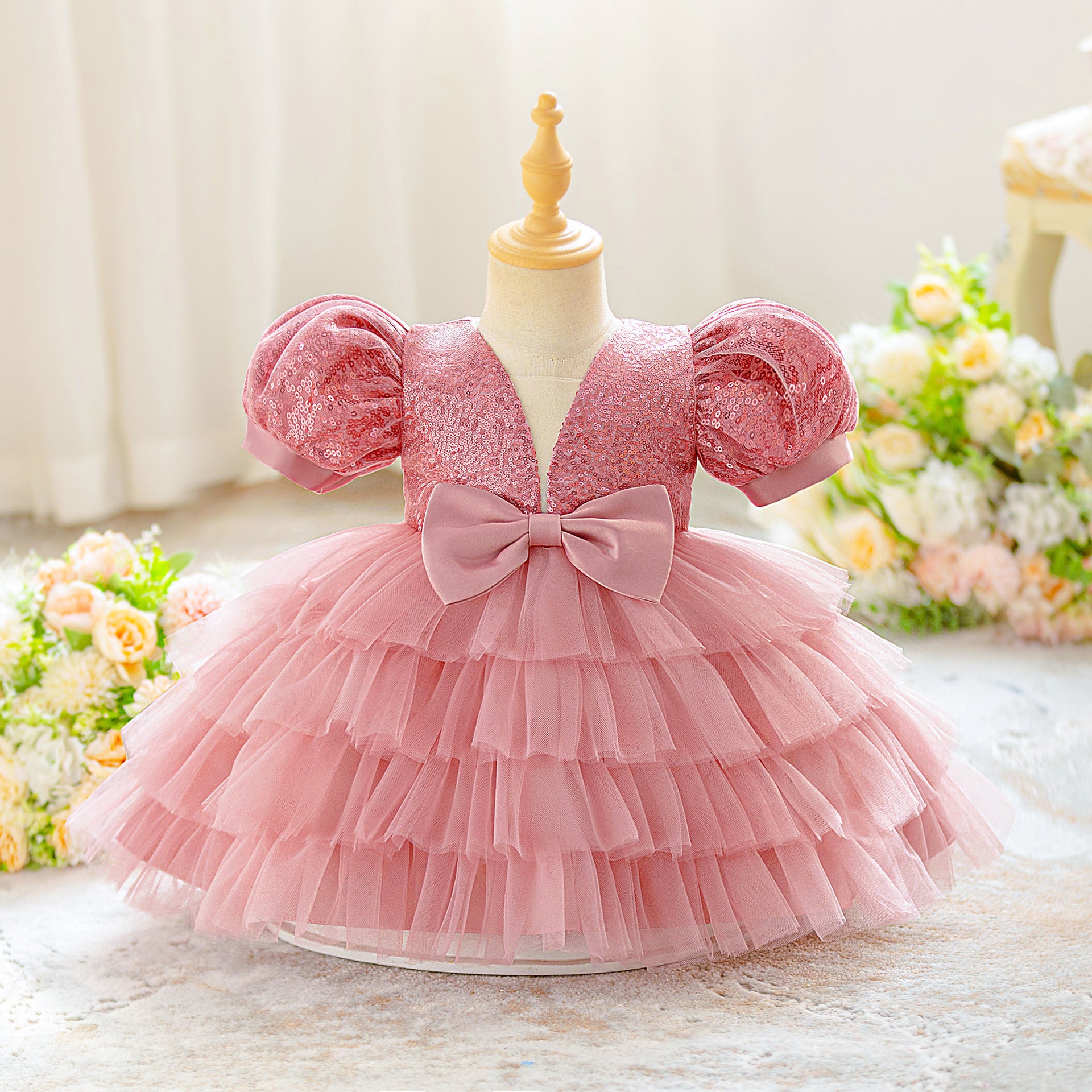 Sequin Princess Ball Gown for Girls – Puffy Sleeve Fairy Dress for Parties & Weddings