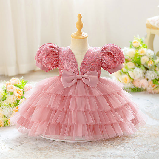 Sequin Princess Ball Gown for Girls – Puffy Sleeve Fairy Dress for Parties & Weddings