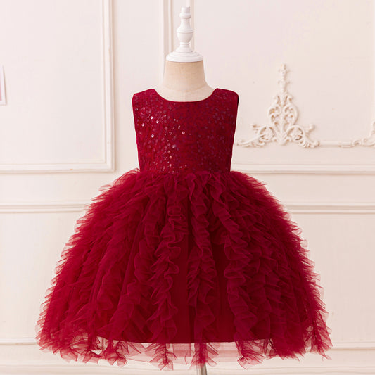 Kids' Sequin Puffy Ball Gown Dress – Tea-Length Flower Girl & Party Wear