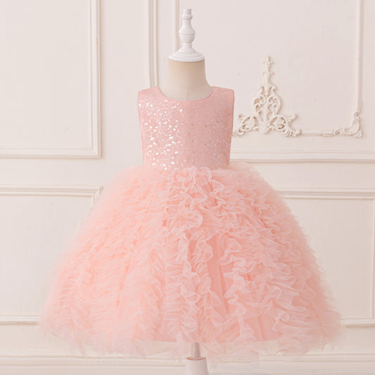 Kids' Sequin Puffy Ball Gown Dress – Tea-Length Flower Girl & Party Wear
