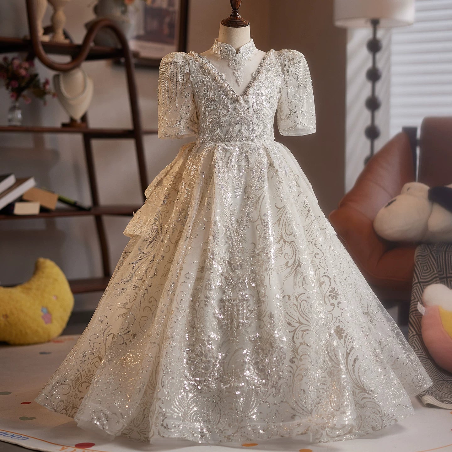 White Sequin A-line Girl's Dress with Tiered Skirt – Party & Flower Girl Attire