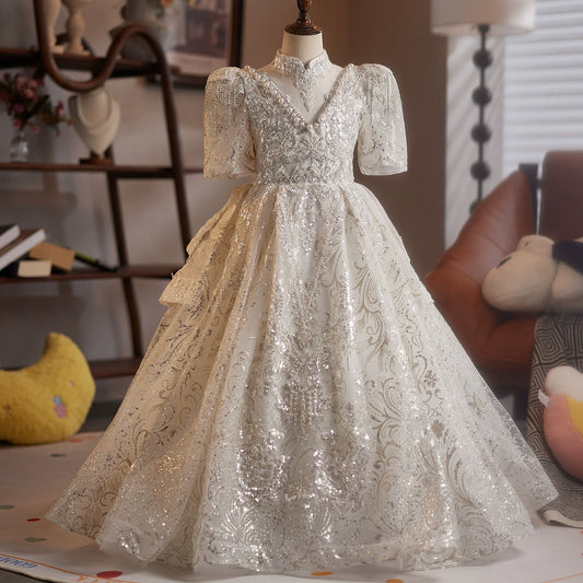 White Sequin A-line Girl's Dress with Tiered Skirt – Party & Flower Girl Attire