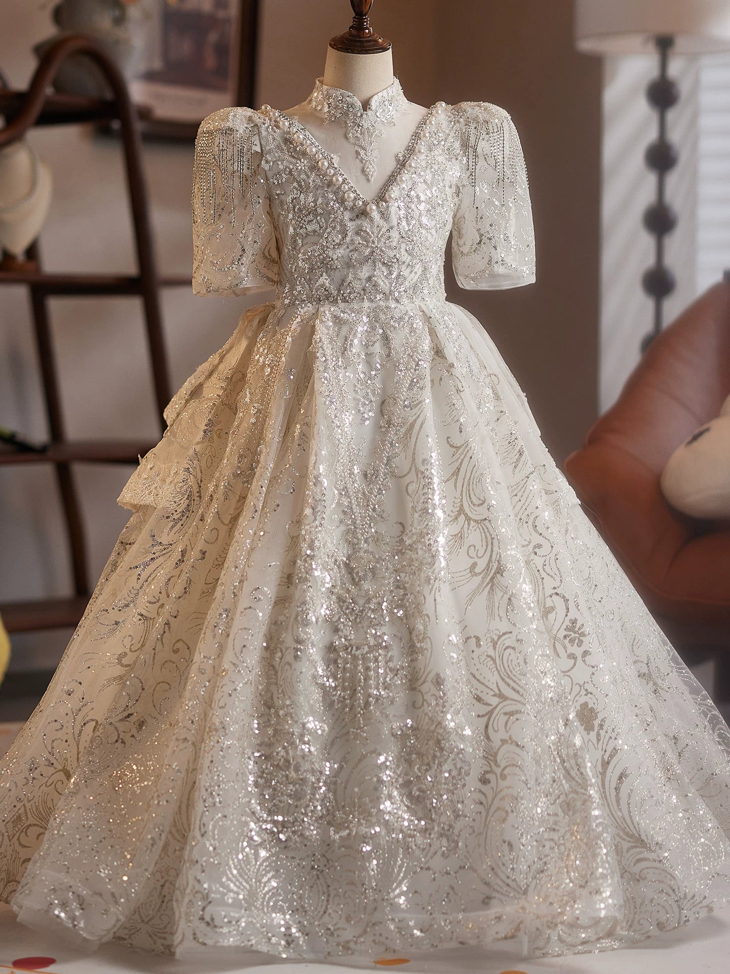 White Sequin A-line Girl's Dress with Tiered Skirt – Party & Flower Girl Attire