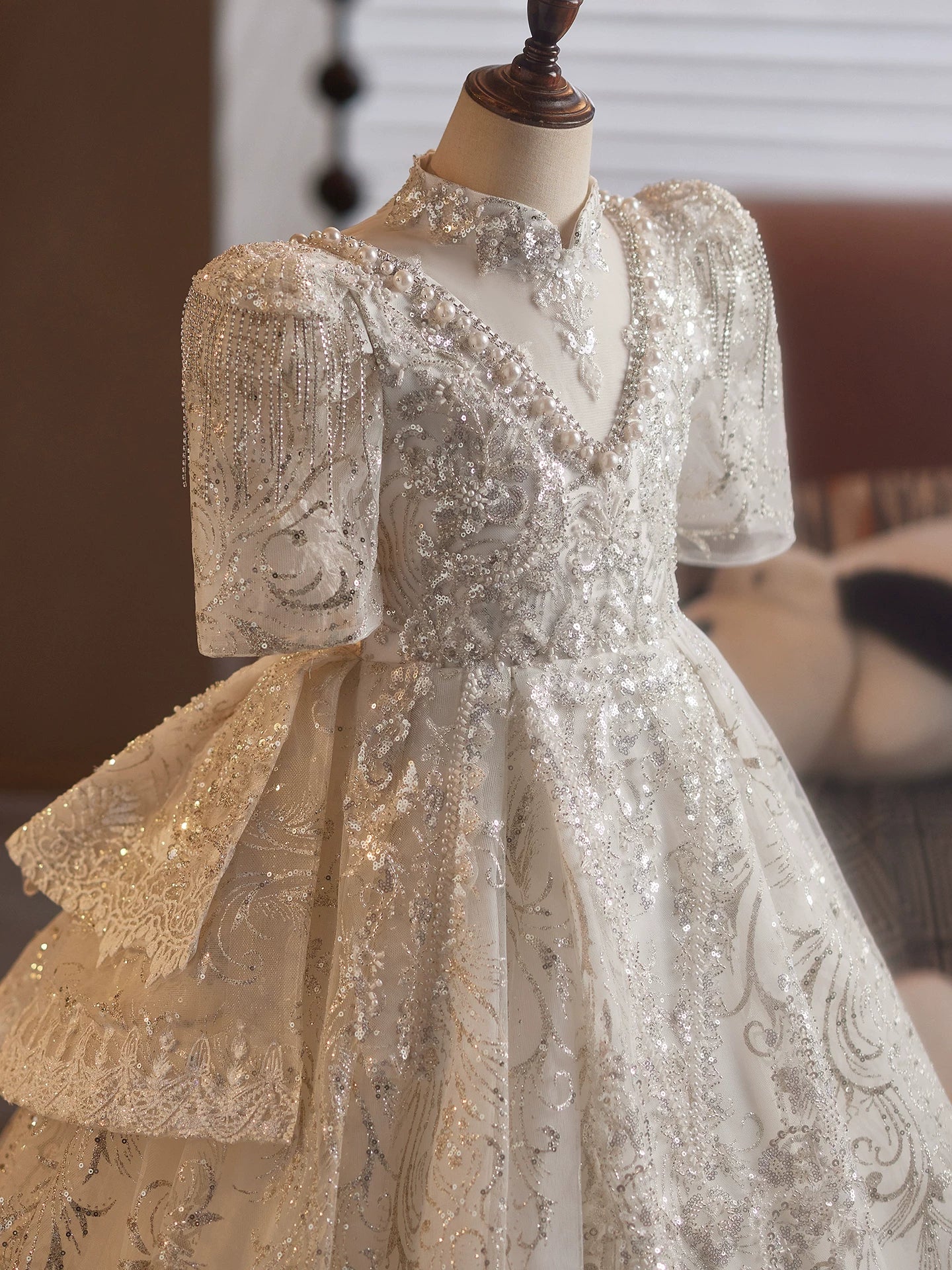 White Sequin A-line Girl's Dress with Tiered Skirt – Party & Flower Girl Attire