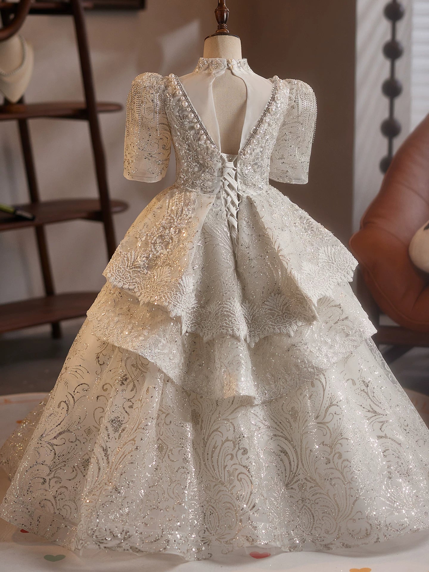 White Sequin A-line Girl's Dress with Tiered Skirt – Party & Flower Girl Attire