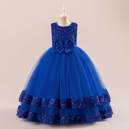 Girls' Sequin Tulle Maxi Dress with Bowknot – Party & Formal A-line Gown