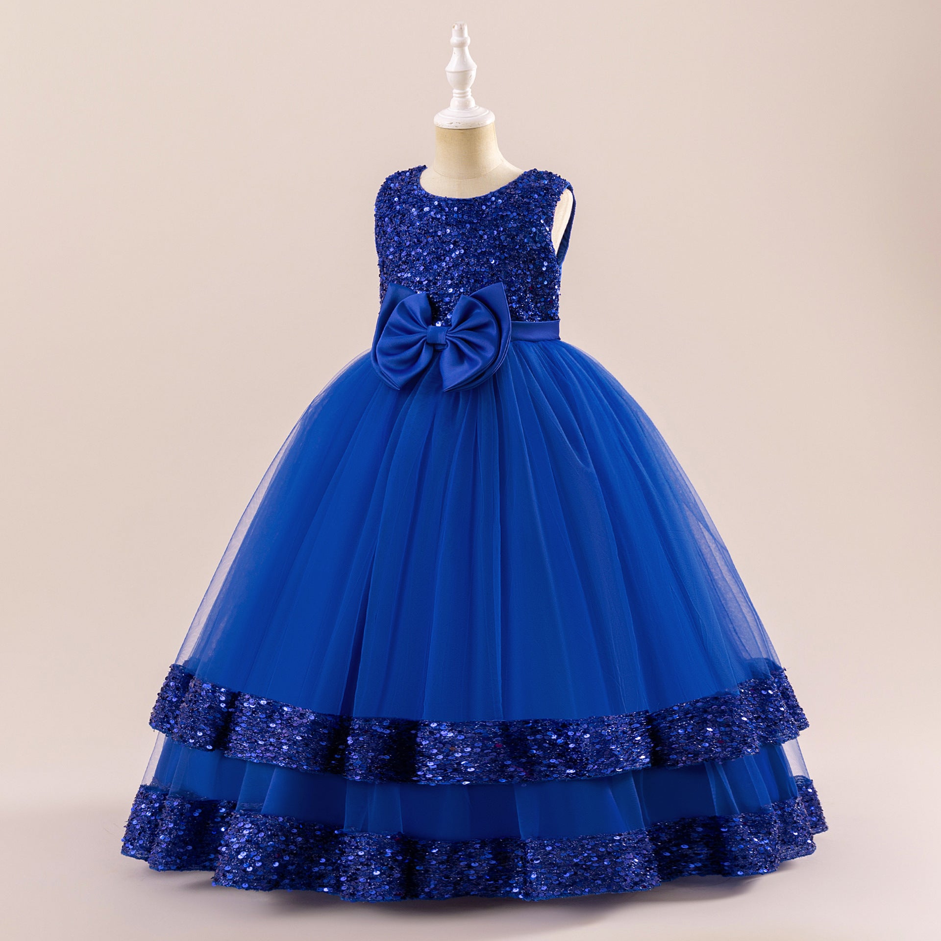 Girls' Sequin Tulle Maxi Dress with Bowknot – Party & Formal A-line Gown