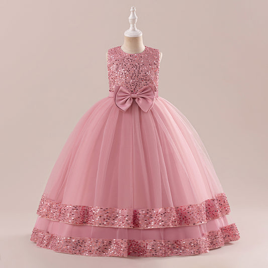Girls' Sequin Tulle Maxi Dress with Bowknot – Party & Formal A-line Gown