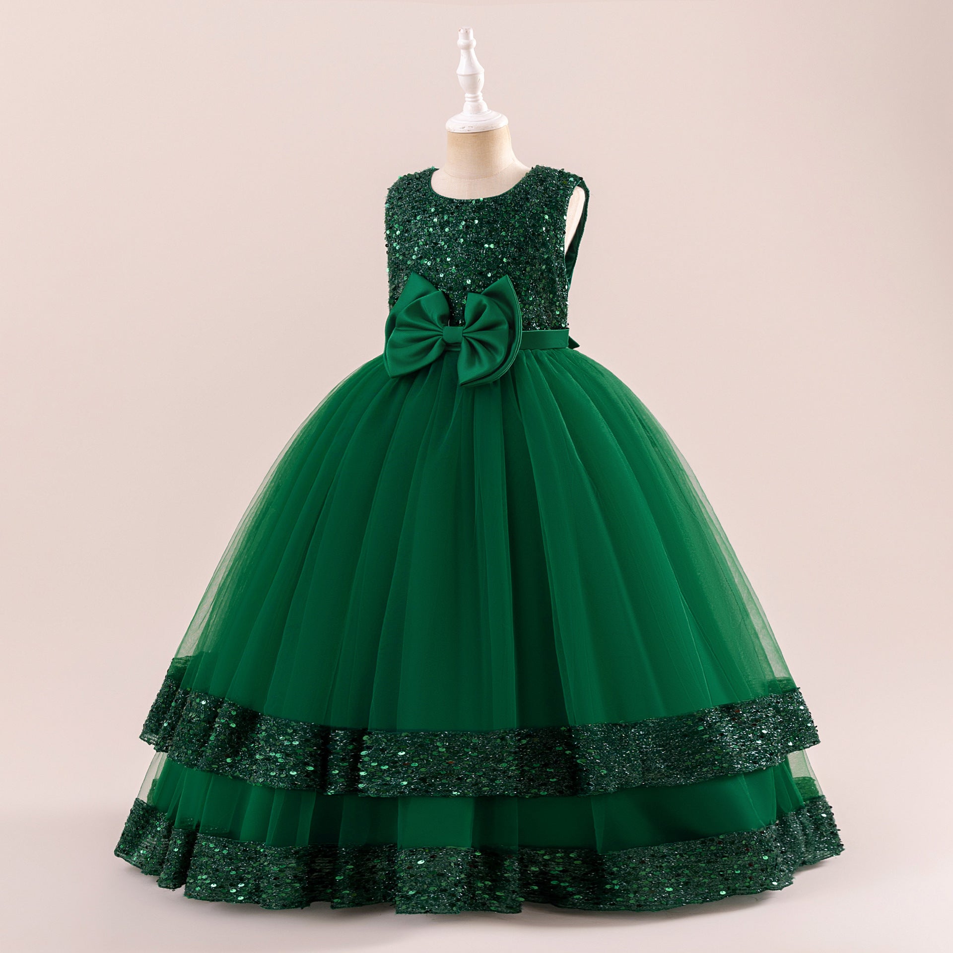 Girls' Sequin Tulle Maxi Dress with Bowknot – Party & Formal A-line Gown
