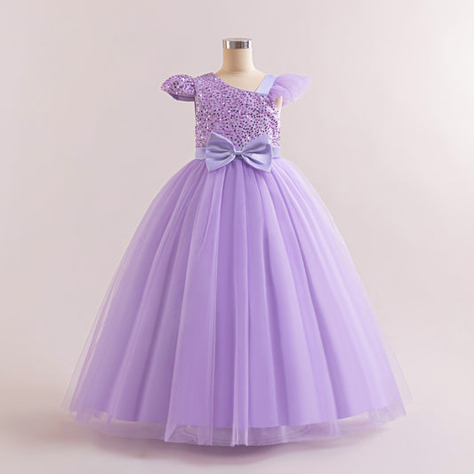 Sequin Tulle Maxi Party Dress for Girls with Bow & Flutter Sleeves