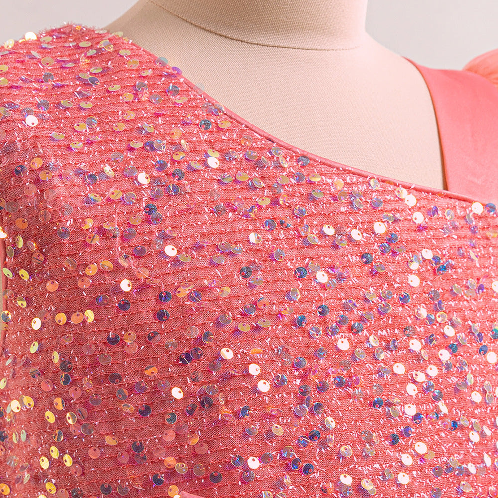 Sequin Tulle Maxi Party Dress for Girls with Bow & Flutter Sleeves