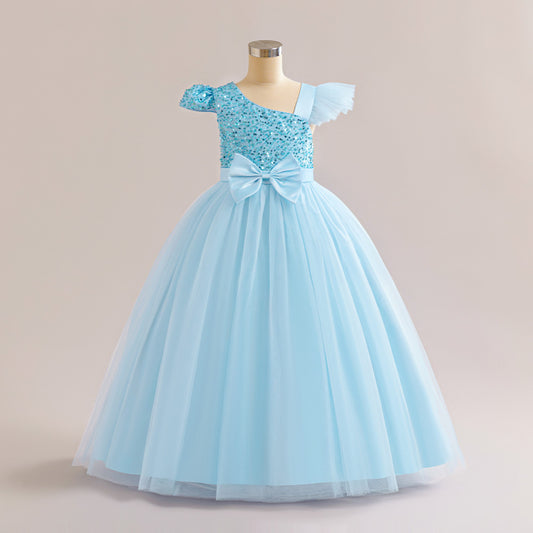 Sequin Tulle Maxi Party Dress for Girls with Bow & Flutter Sleeves