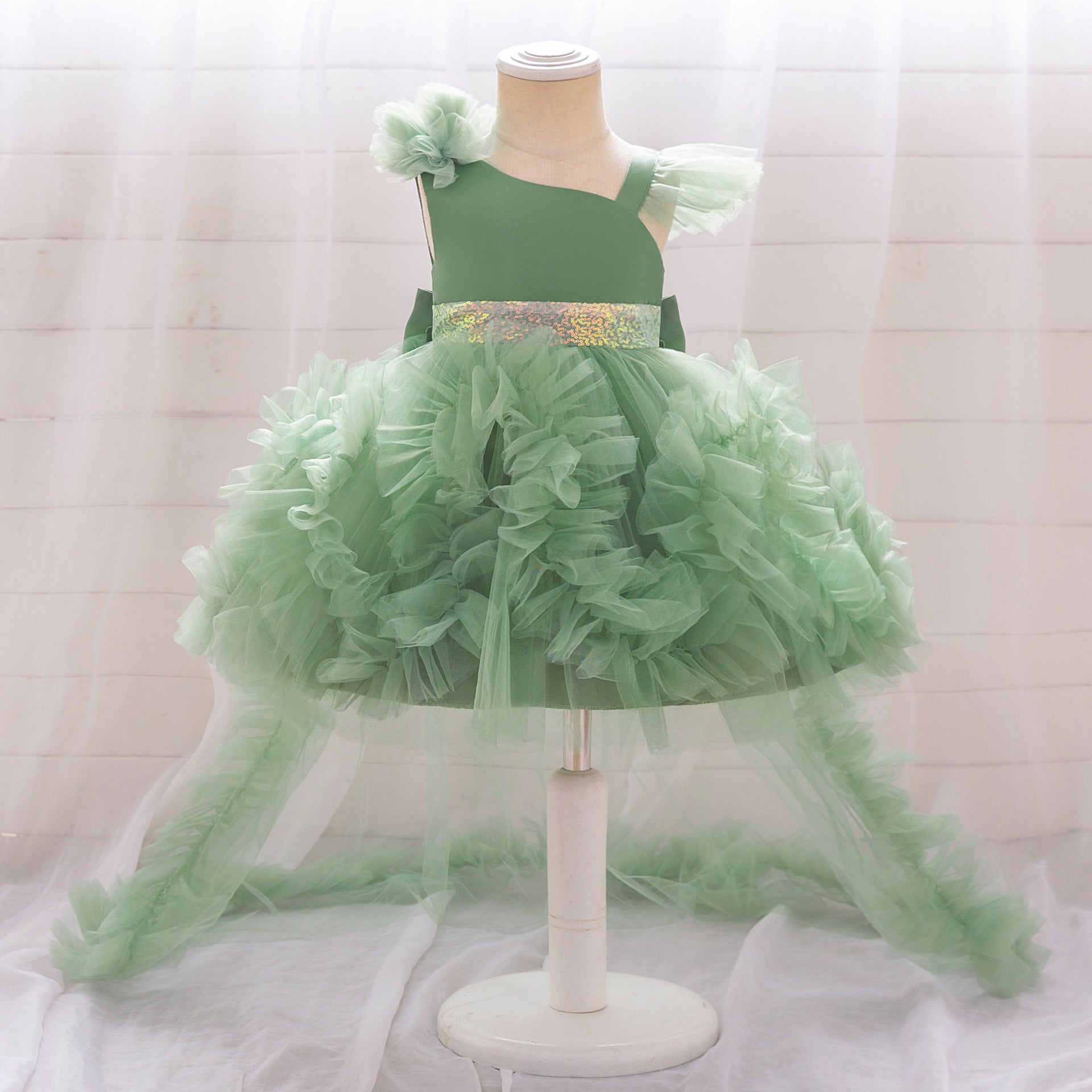 Puffy Tulle Princess Dress with Detachable Train for Girls | Sequin & Bowknot Gown