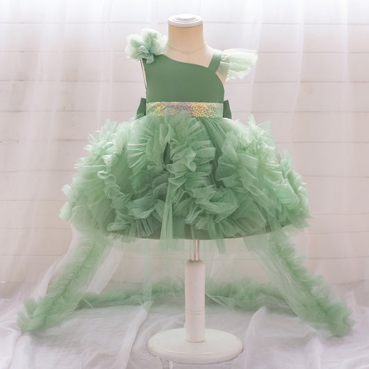 Puffy Tulle Princess Dress with Detachable Train for Girls | Sequin & Bowknot Gown