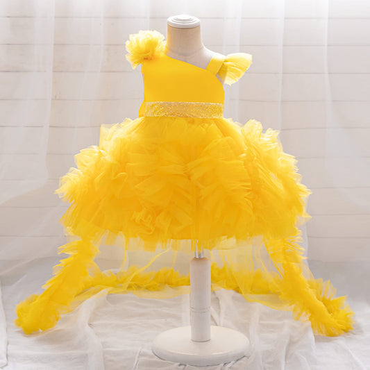 Puffy Tulle Princess Dress with Detachable Train for Girls | Sequin & Bowknot Gown