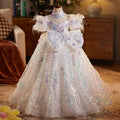 Shimmering White Kids Maxi Princess Dress with Bows and Sequins