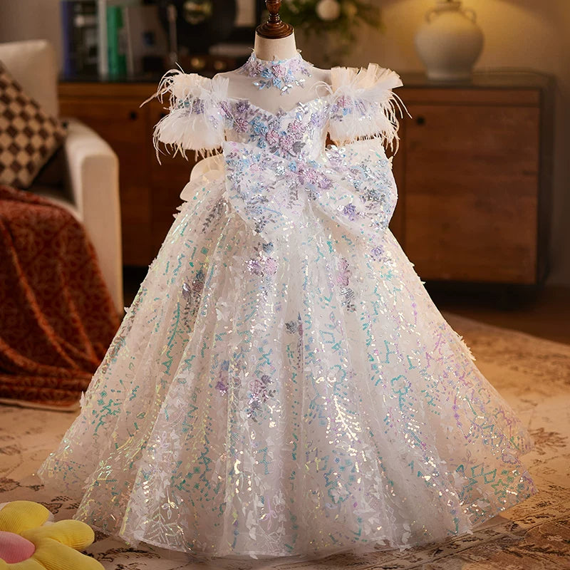 White Sequin A-line Kids Princess Dress with Bows & Fringe | Party & Occasion