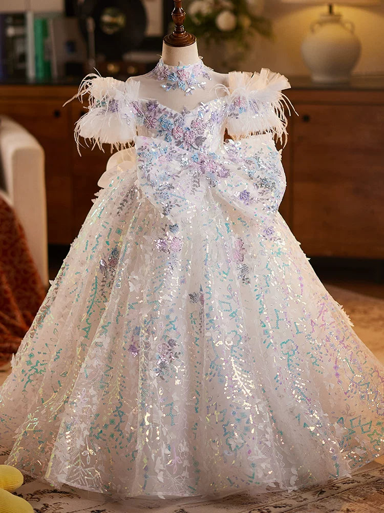 White Sequin A-line Kids Princess Dress with Bows & Fringe | Party & Occasion