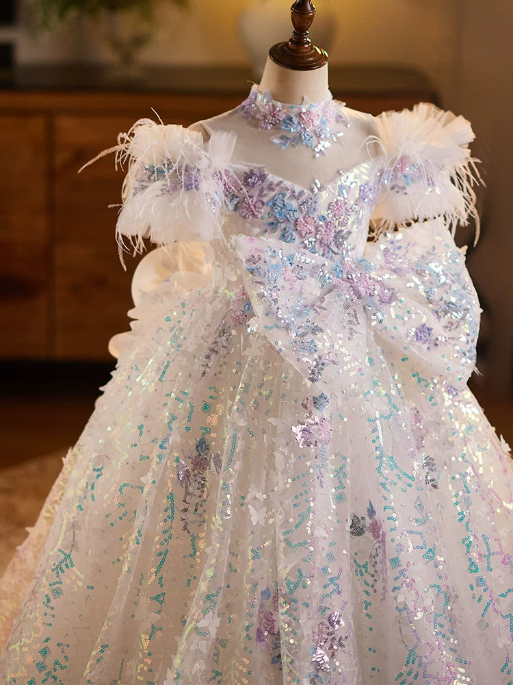 White Sequin A-line Kids Princess Dress with Bows & Fringe | Party & Occasion