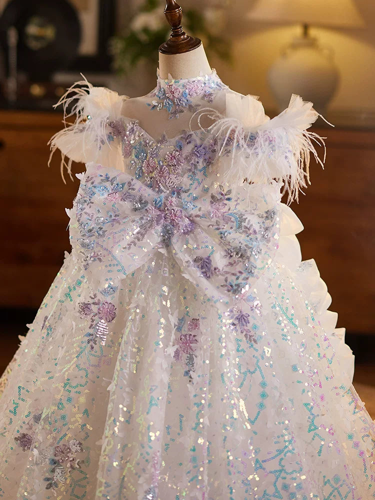 White Sequin A-line Kids Princess Dress with Bows & Fringe | Party & Occasion