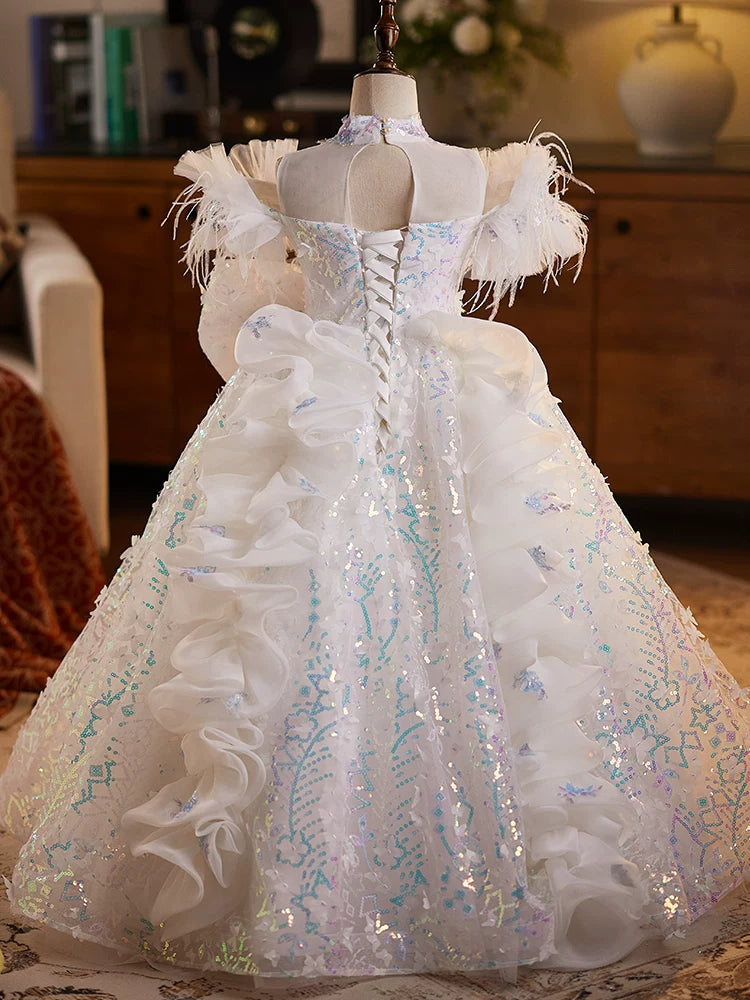 White Sequin A-line Kids Princess Dress with Bows & Fringe | Party & Occasion
