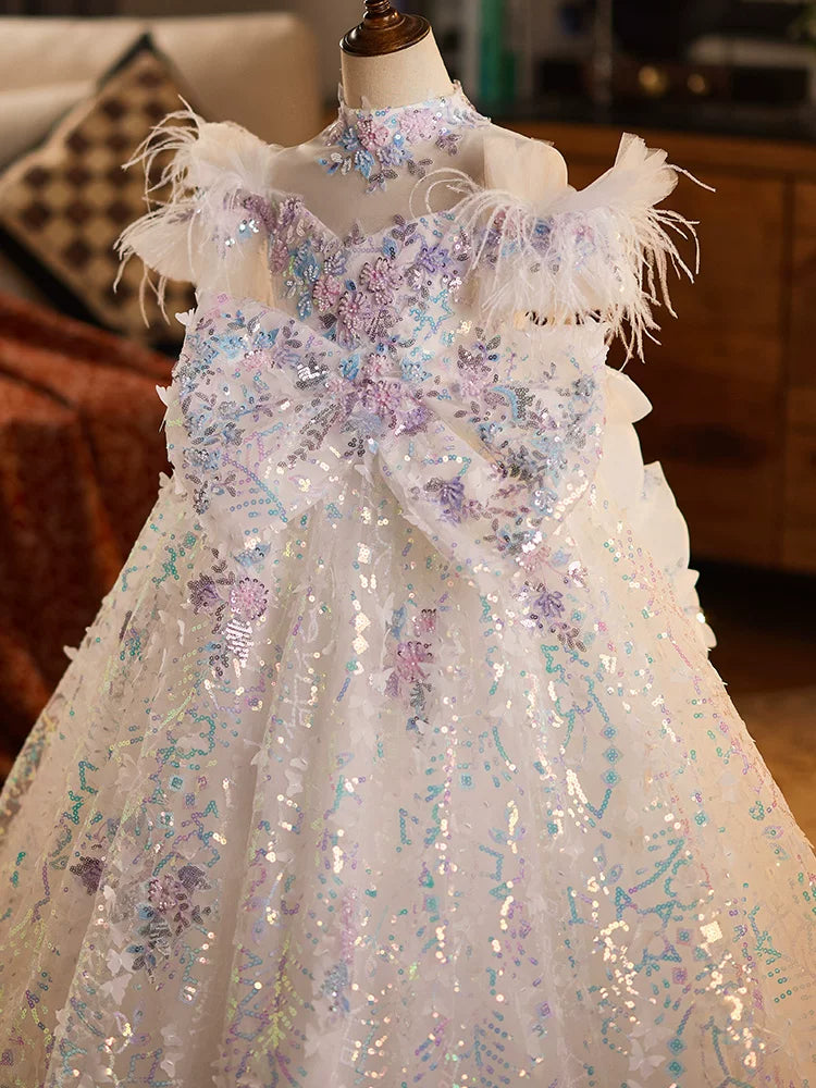 White Sequin A-line Kids Princess Dress with Bows & Fringe | Party & Occasion