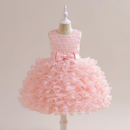 Cute Sleeveless Tiered Ball Gown Dress with Bowknot for Girls | Lace Princess Party Dress
