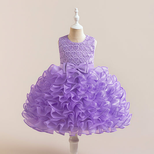 Cute Sleeveless Tiered Ball Gown Dress with Bowknot for Girls | Lace Princess Party Dress