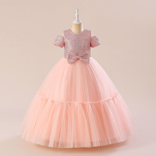 Sparkling Princess Maxi Dress for Girls with Sequins and Bow | A-line Kids Formal Gown