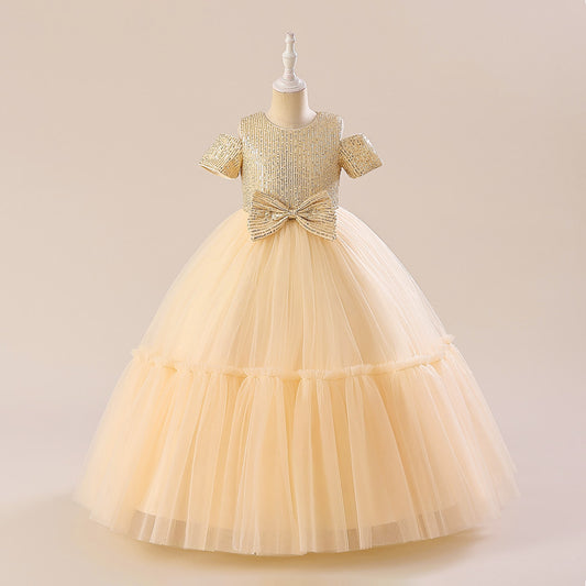 Sparkling Princess Maxi Dress for Girls with Sequins and Bow | A-line Kids Formal Gown