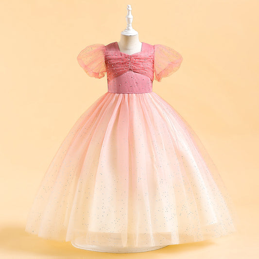 Cute A-Line Tulle Princess Dress with Sequins & Beads – Puffy Sleeves Kids Formal Gown