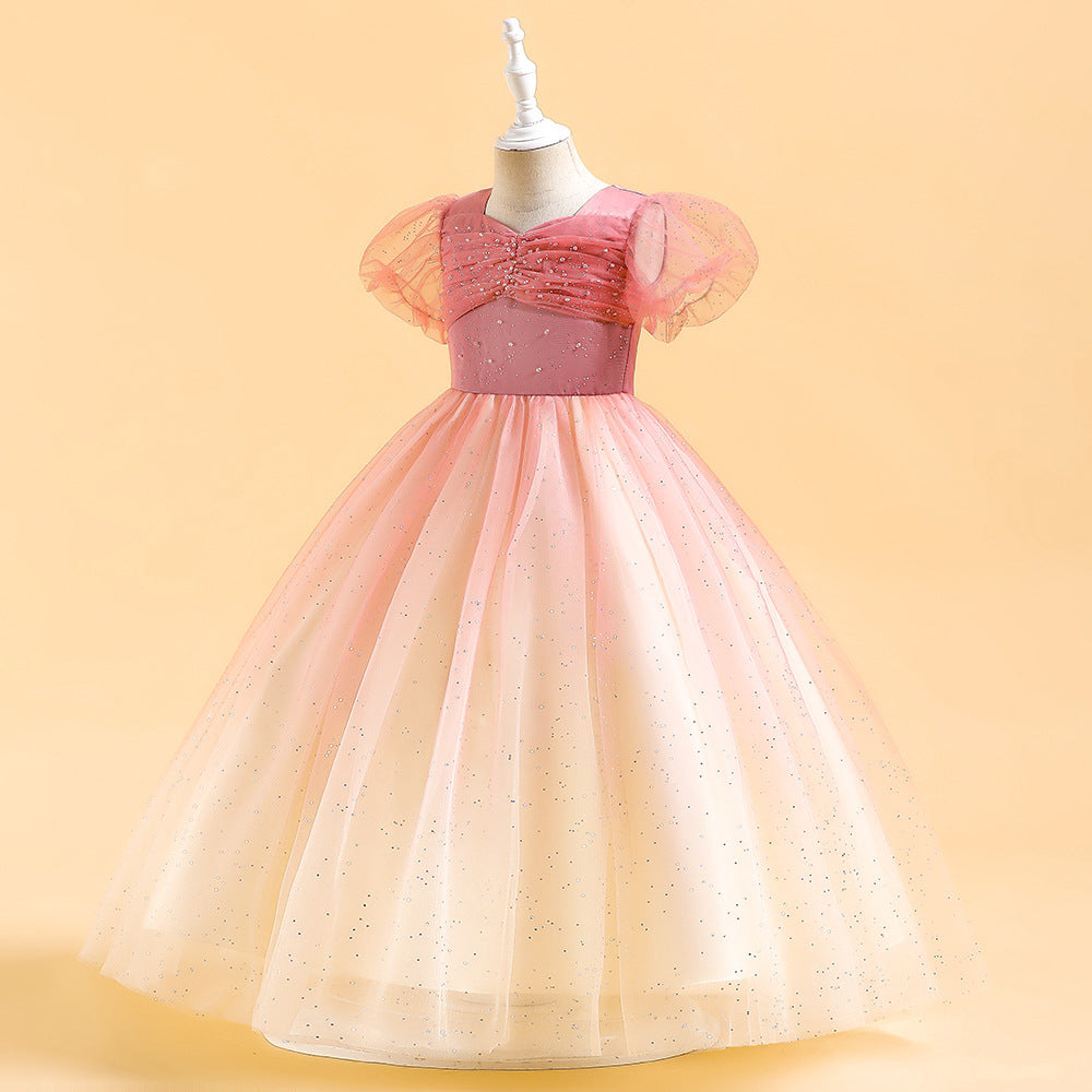 Cute A-Line Tulle Princess Dress with Sequins & Beads – Puffy Sleeves Kids Formal Gown
