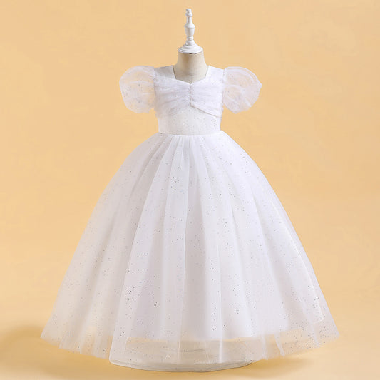 Cute A-Line Tulle Princess Dress with Sequins & Beads – Puffy Sleeves Kids Formal Gown