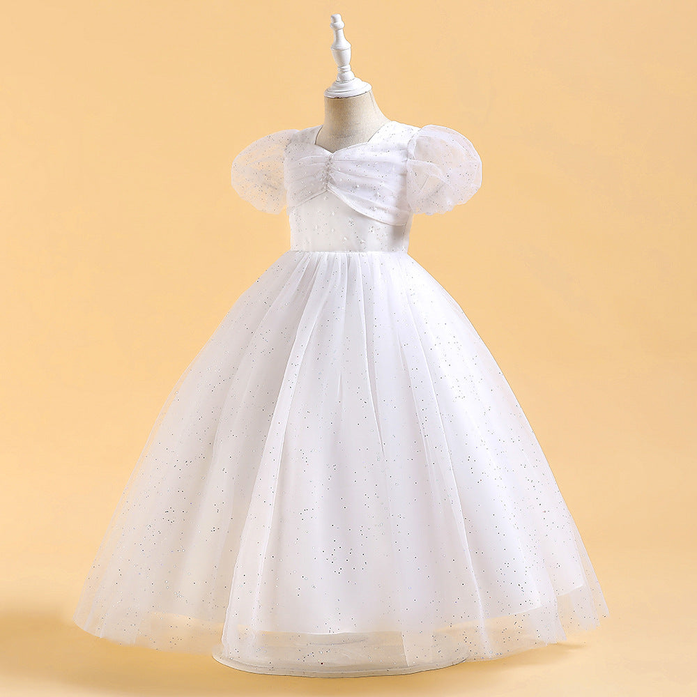 Cute A-Line Tulle Princess Dress with Sequins & Beads – Puffy Sleeves Kids Formal Gown