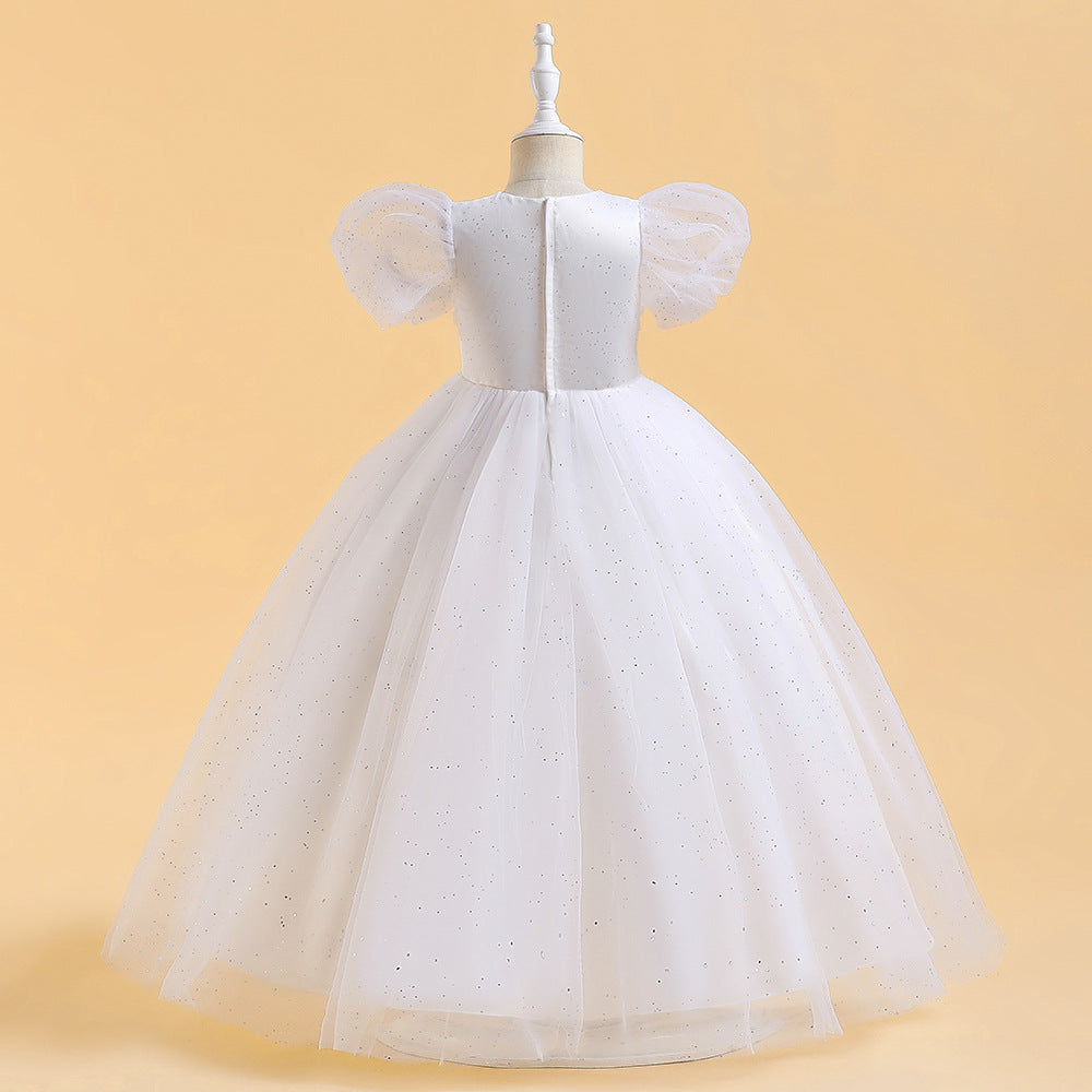 Cute A-Line Tulle Princess Dress with Sequins & Beads – Puffy Sleeves Kids Formal Gown